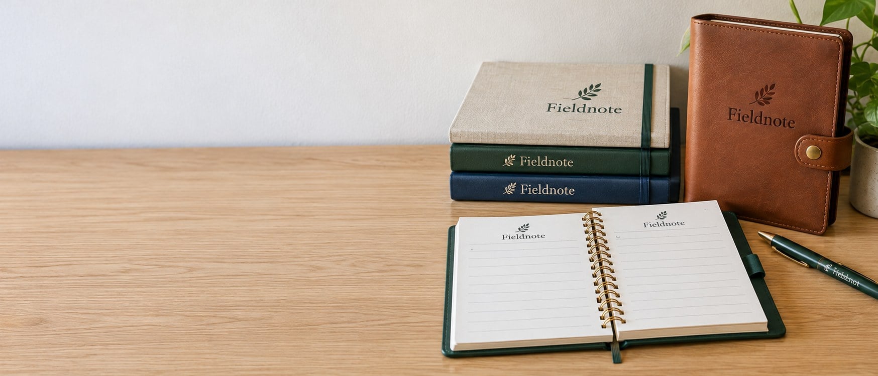 Custom planners with one brand name on a light oak desk